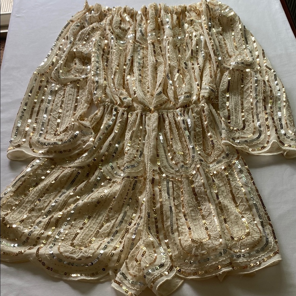 Sequin Embellished Cream Romper. Color Ivory